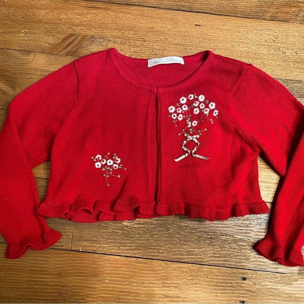 American Princess 4T red cardigan holidays Christmas floral Embroidered
